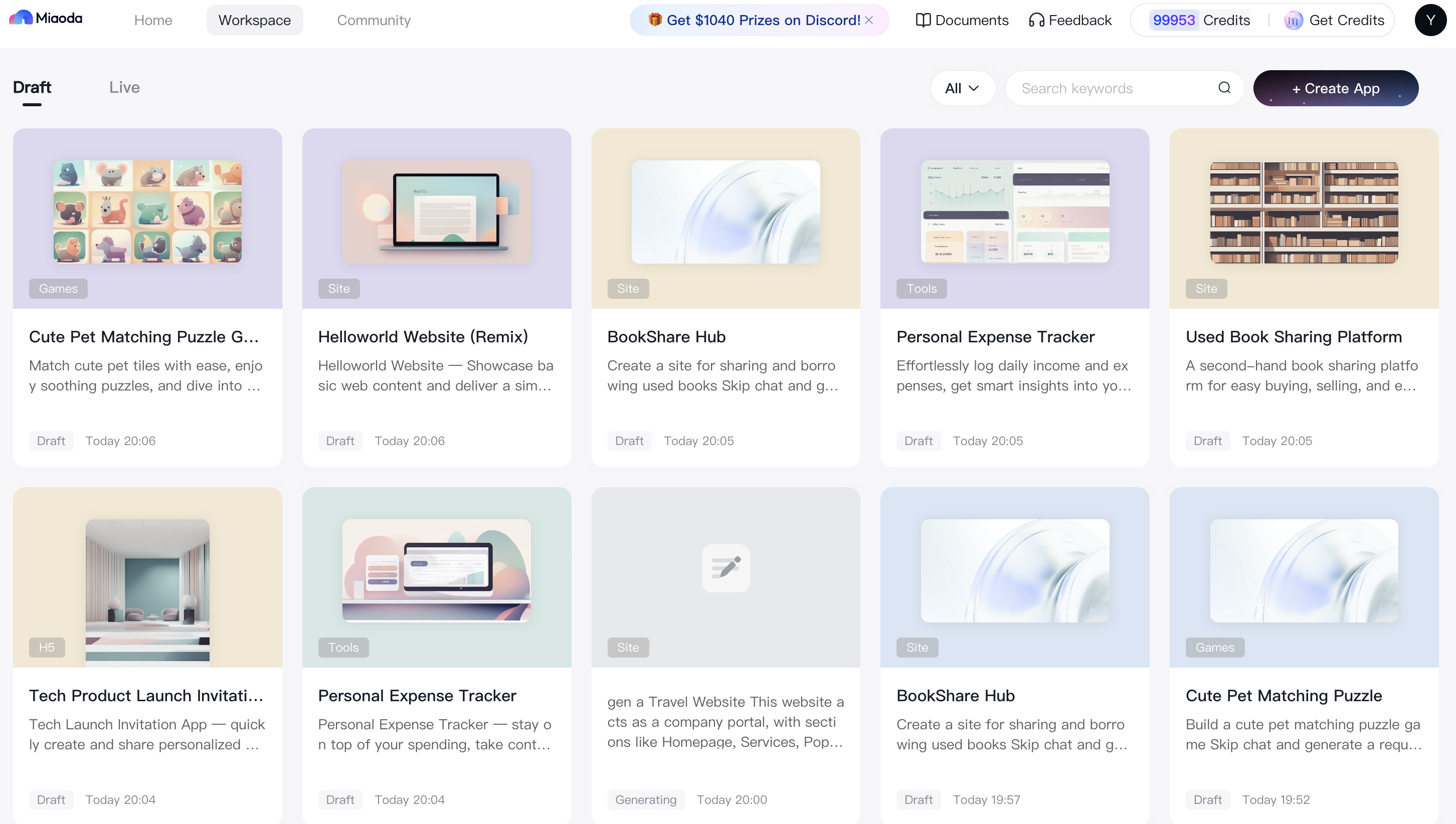 Workspace Interface showing Draft and Live applications